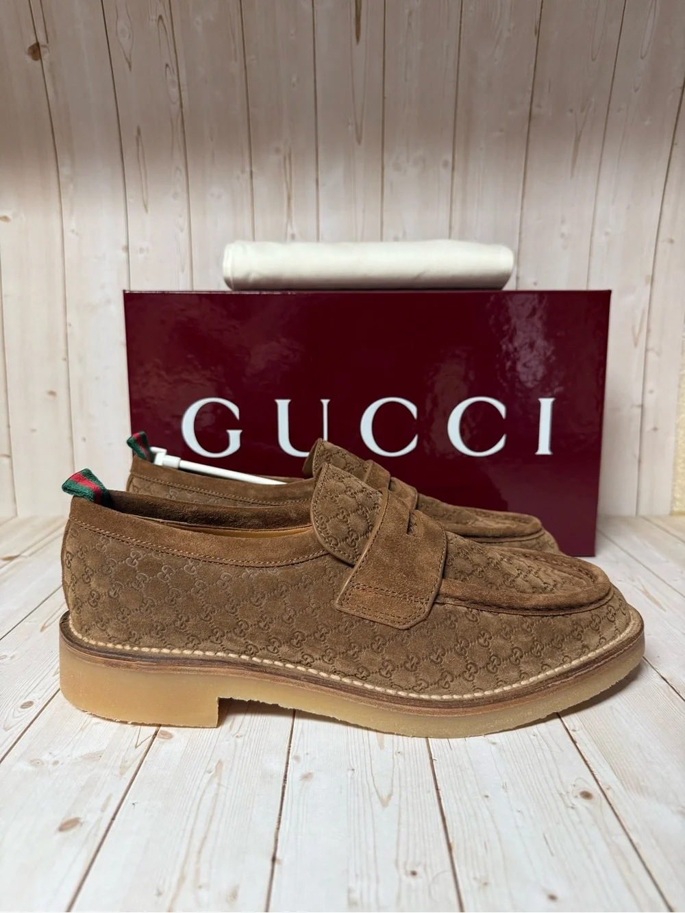 Gucci Luxury Suede Microguccissima Loafers Nocciola Brown Sz 8.5G / 9US